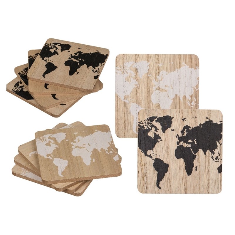 Sous-verres carte du monde en bois lot de 4 pièces 9,5x9,5cm