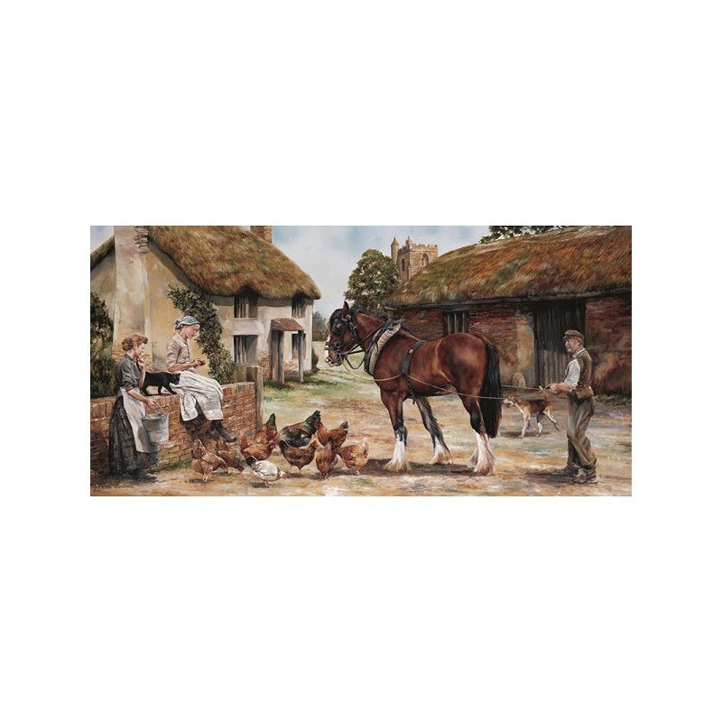 Schilderij Boerderij 40x80cm in eikenkleur houten lijst