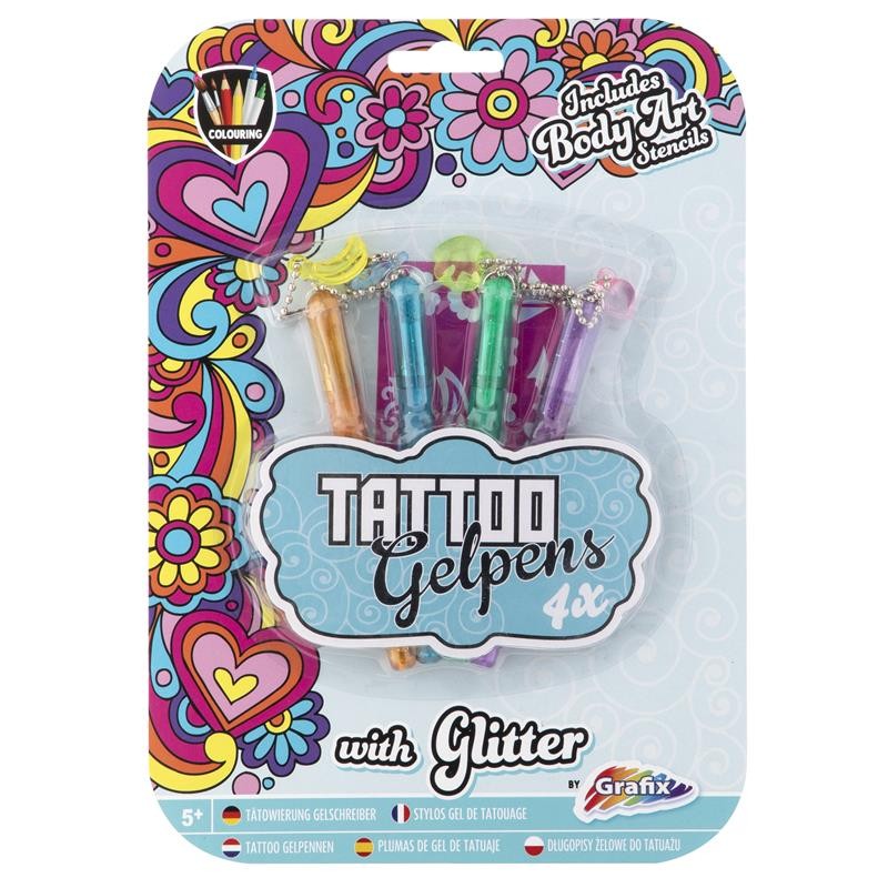 Grafix 4 Stylos Gel Glitter Tattoo + pochoir
