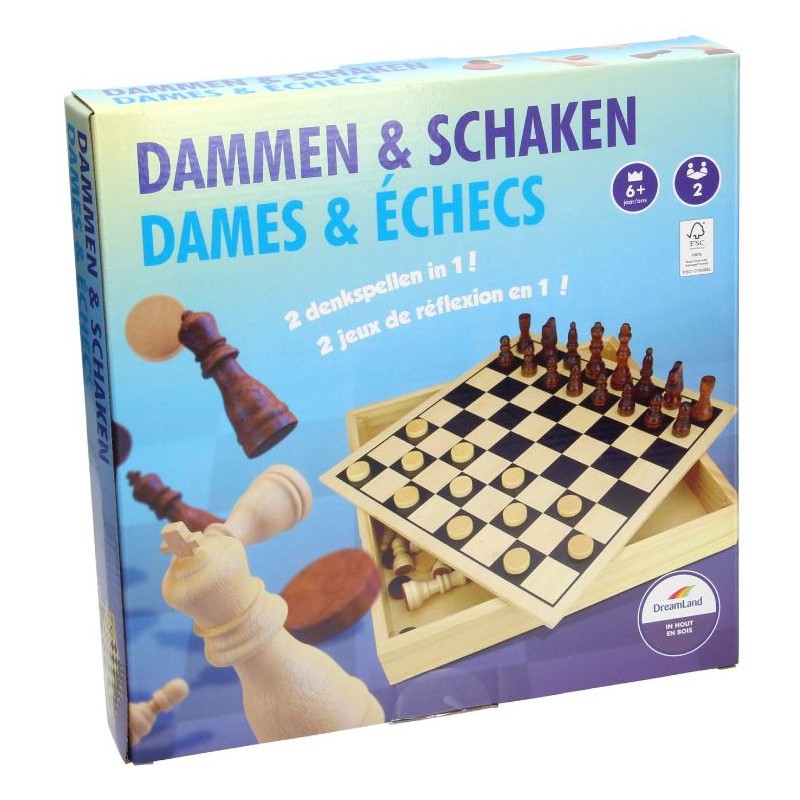 Jeu de dames et d'échecs dans une boîte en bois 30x30x5cm