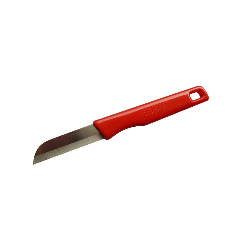 Couteau d'office Solingen en acier inoxydable avec manche rouge et œillet de suspension. Rostfrei, fabriqué en Allemagne.