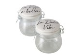Boltze Home Pot de conservation Dolce Vita, 2 ass., 450 ml, H 12,00 cm, Verre transparent, Porcelaine, Multicolore, Dicton/Texte