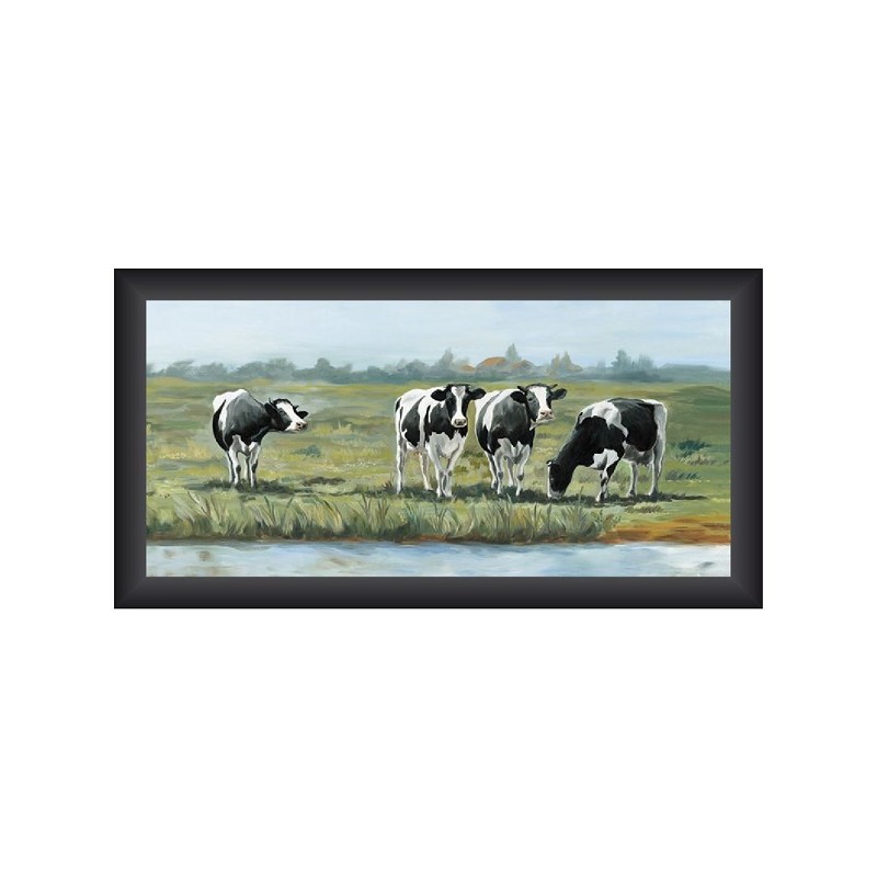 Tableau Vaches 4 d'affilée 40x80cm sous cadre en bois noir