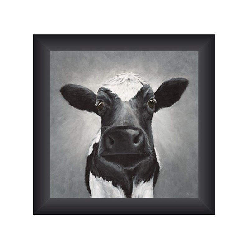 Tableau Vache regardant vers l'avant 40x40cm dans un cadre en bois noir
