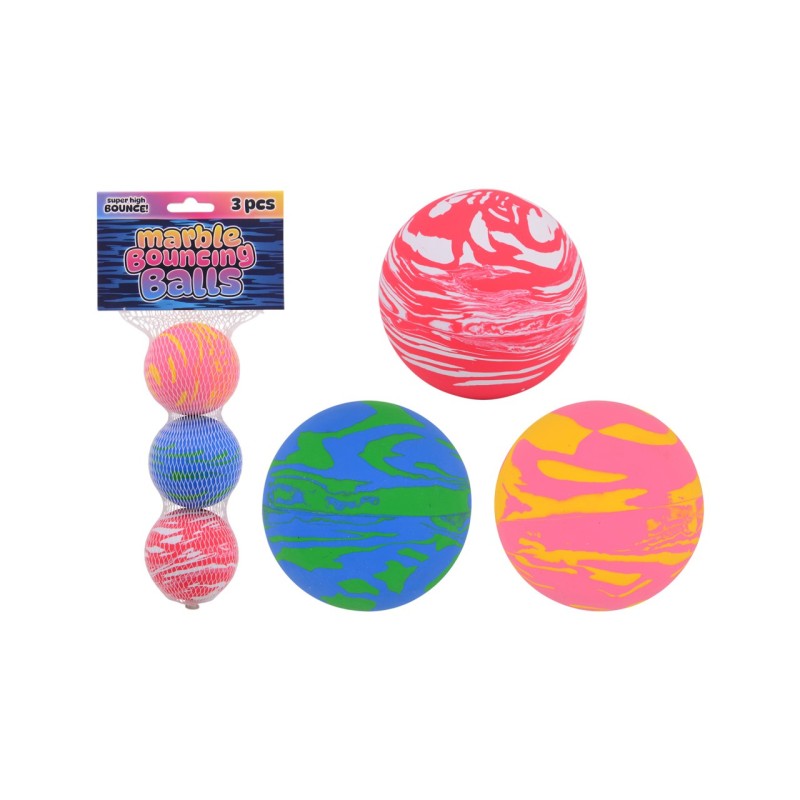 John Toy Balles rebondissantes Marble 3 pièces en filet Ø6cm