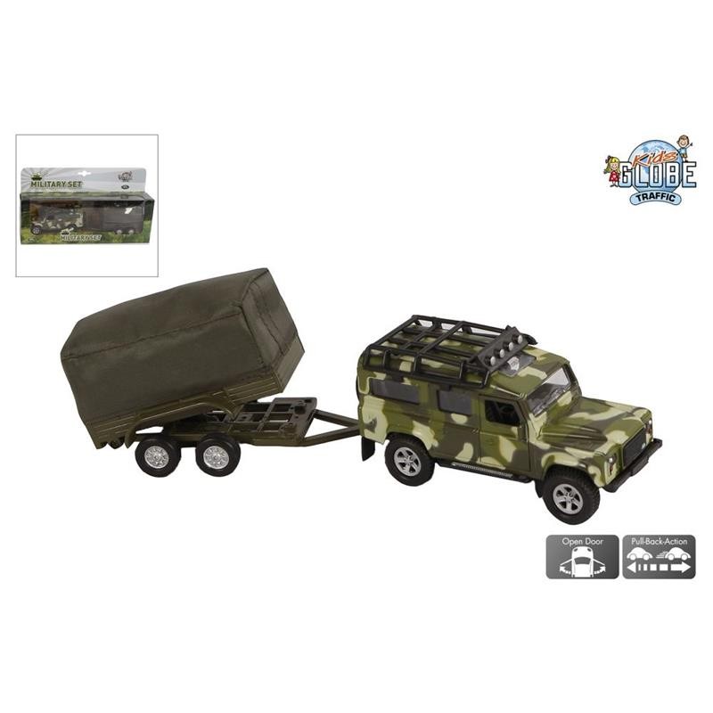 Kids Globe Land Rover avec remorque militaire moulé sous pression pb 27cm