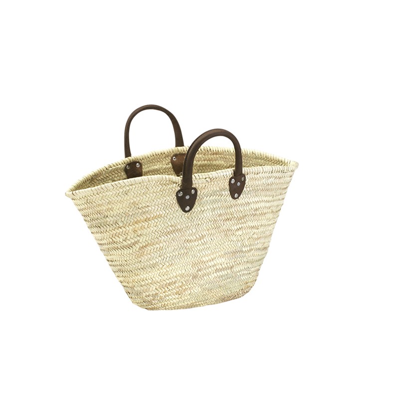 Sac en paille de palmier avec anses courtes en cuir de vachette renforcées et très épaisses