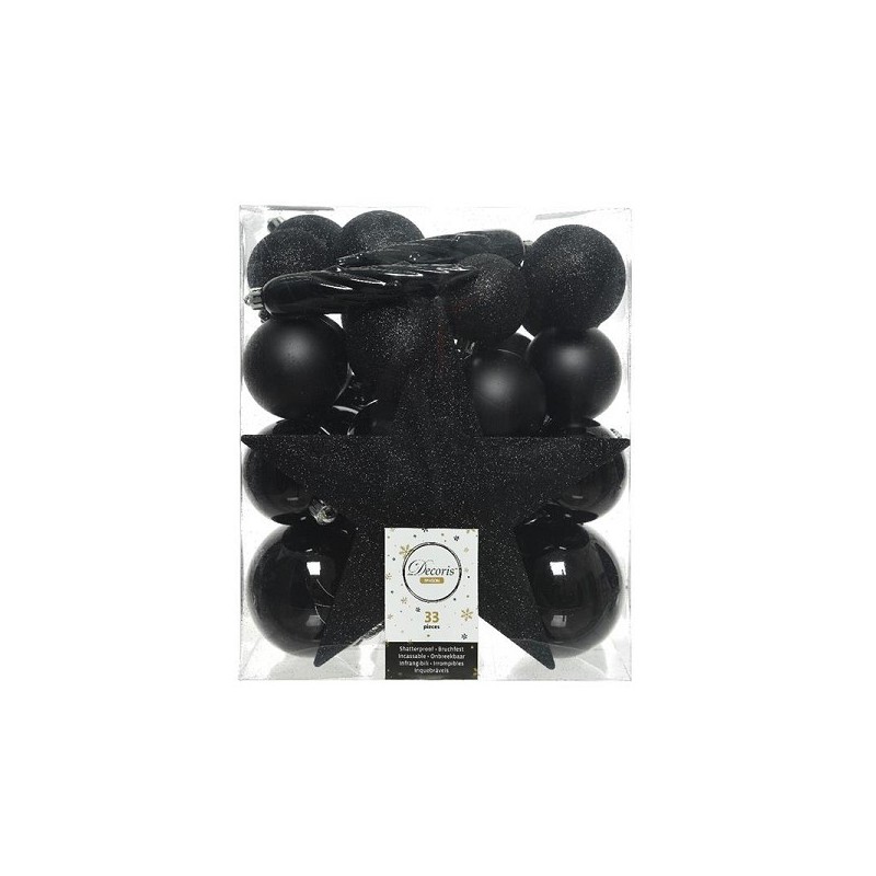 Decoris onbreekbaar Kerstballenset 33 delig. 1 piek en 32 assorti ballen zwart