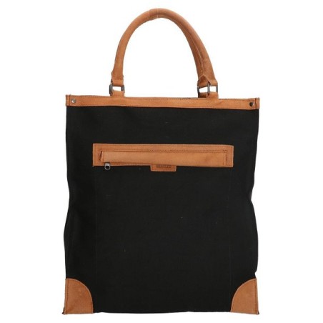 Boodschappentas canvas zwart met leren handvatten 38x41x16cm