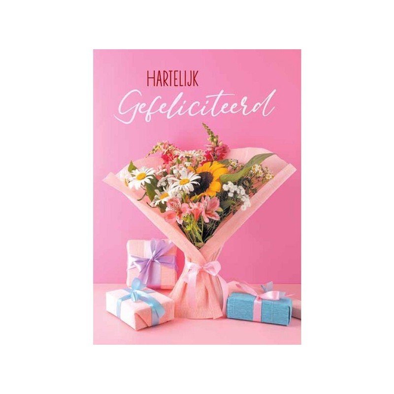 Wenskaarten van Hartelijke Gefeliciteerd bloem pakje a 10 stuks met envelop