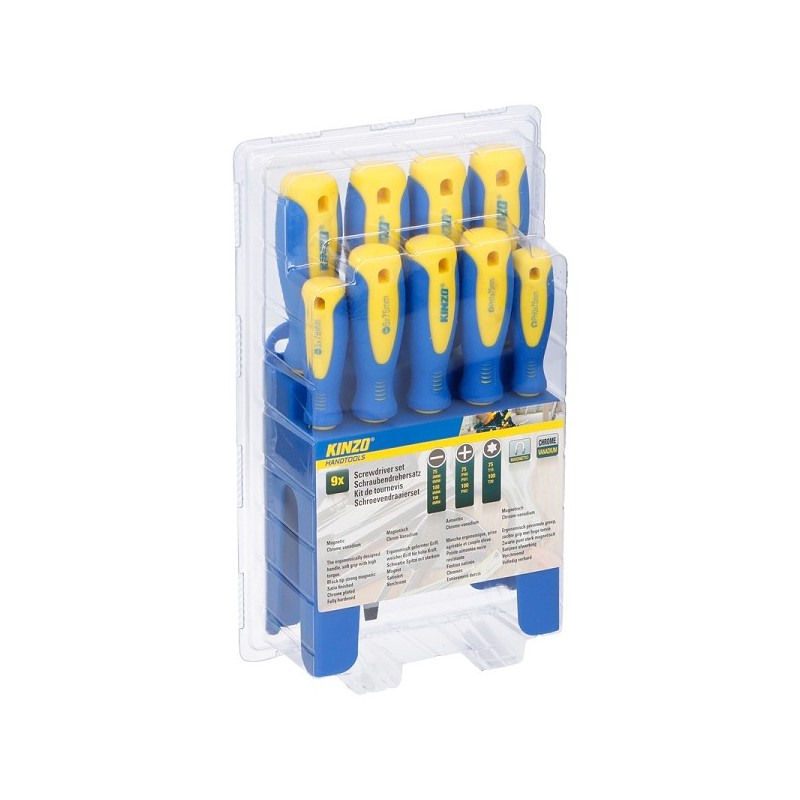 Jeu de tournevis Kinzo 9 pièces avec système de suspension pratique. assortiment de tournevis hexagonaux, cruciformes et plats