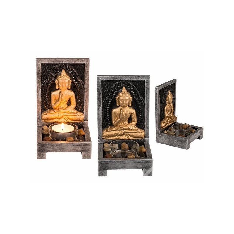 Photophore en bois Bouddha avec pierres déco 15x9cm