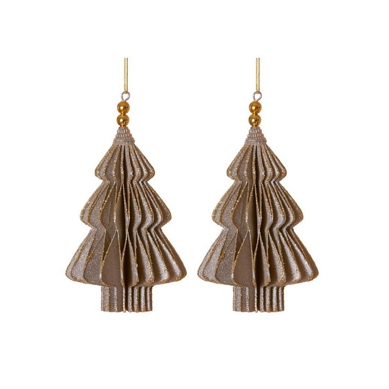 Hangdecoratie kerstboom papier-karton 13cm grijs goud set a 2 stuks