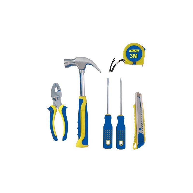 Kinzo Gereedschapsset 6-delig set bestaat uit hamer, meetlint, tang, hobby mes en 2 schroevendraaiers