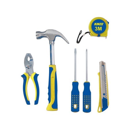 Kinzo Tool set 6 pièces composé d'un marteau, d'un mètre ruban, d'une pince, d'un couteau de bricolage et de 2 tournevis