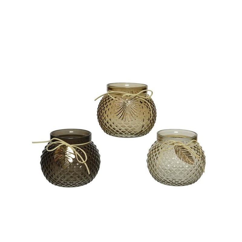 Decoris Photophore en verre avec décoration de feuilles en métal Ø12-H10cm dans différentes nuances de marron