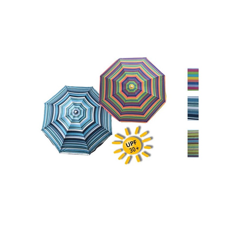 Parasol de plage en polyester plié 180x180x190cm rayé UPF30+