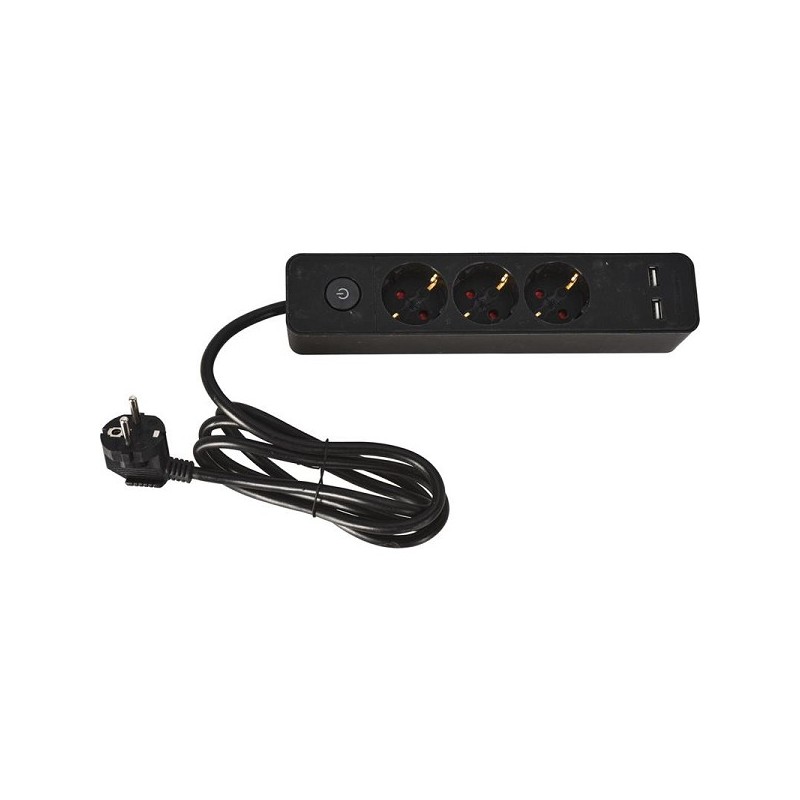 Prise avec espace pour 3 fiches et 2 fiches USB avec interrupteur et terre de protection, longueur de câble 1,4 mètres noir