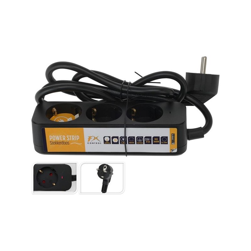 Prise avec espace pour 3 fiches avec contact de terre, longueur du cordon 140 cm noir