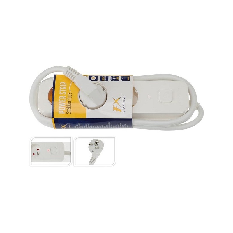 Prise avec espace pour 3 fiches avec mise à la terre et interrupteur, longueur du cordon 140 cm blanc