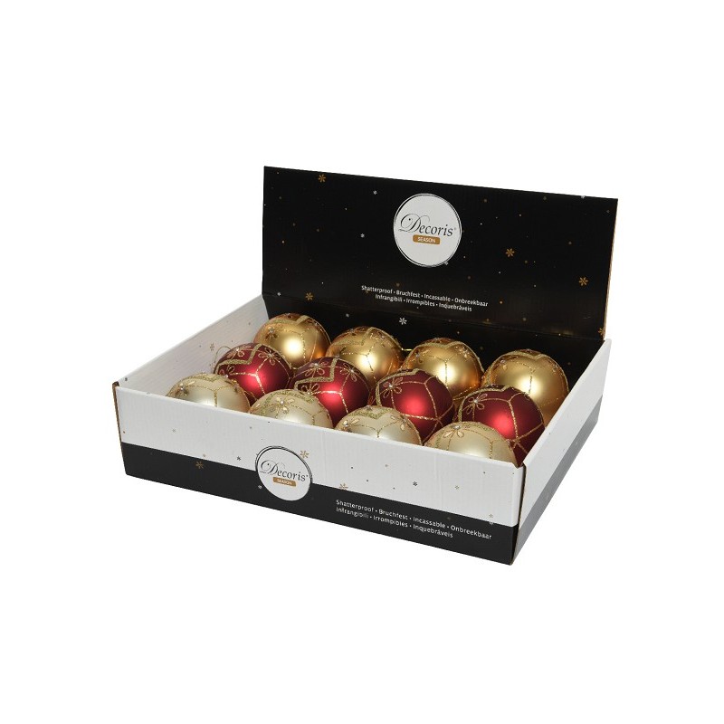 Boules de Noël Decoris en plastique Ø8cm boîte de 12 pièces finition mate en or clair nacré et sang de bœuf