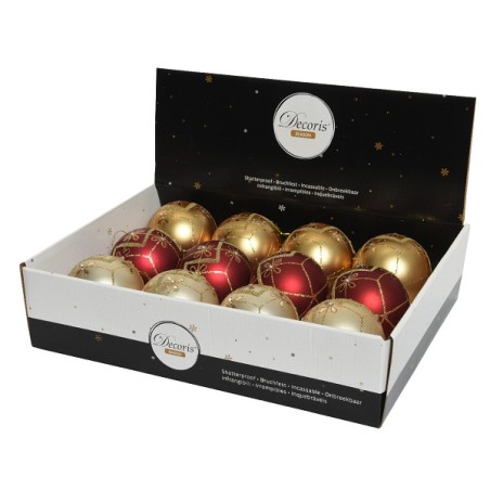 Boules de Noël Decoris en plastique Ø8cm boîte de 12 pièces finition mate en or clair nacré et sang de bœuf