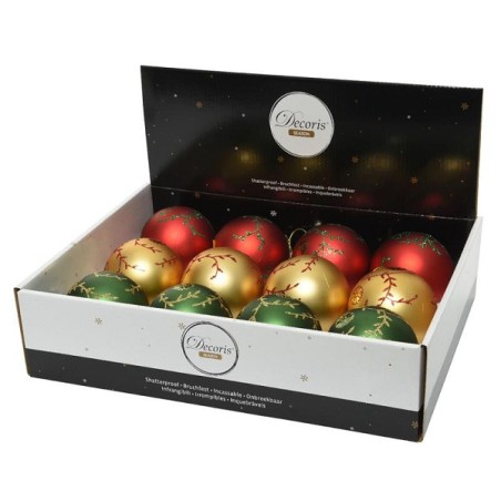 Boules de Noël Decoris en plastique Ø8cm boîte de 12 pièces finition mate or clair, rouge et vert