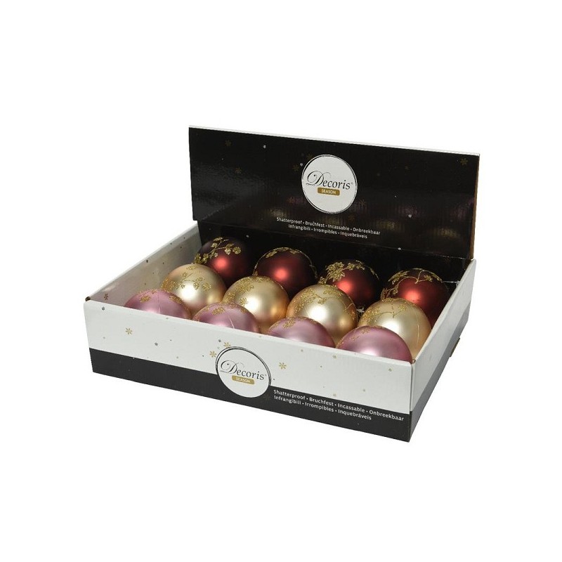 Decoris Kerstballen kunststof Ø8cm doos a 12 stuks mat finish butterscotch, redwood en roze
