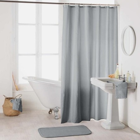 Rideau de douche Uni, Textile 100% polyester 180x200cm gris complet avec anneaux de suspension