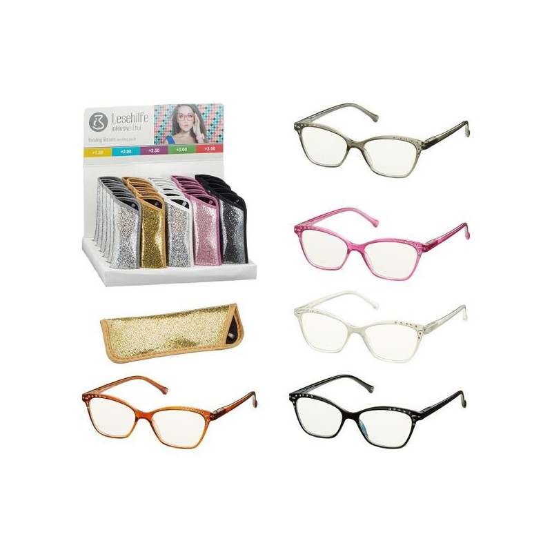 Lunettes de lecture en plastique avec strass dans un étui à paillettes