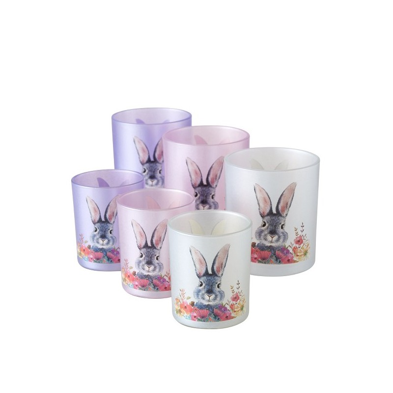 Boltze Home Photophore en verre Puschel lapin avec fleurs - ensemble 2 pièces grand et petit