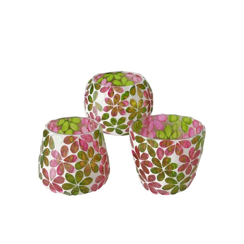 Boltze Home Photophore en verre Tamija-Fleur mosaïque rose/vert H8 cm