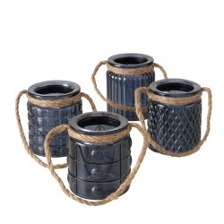 Boltze Home Photophore en verre Trax Anthracite - H8cm - avec poignée en jute - disponible en 4 modèles différents.