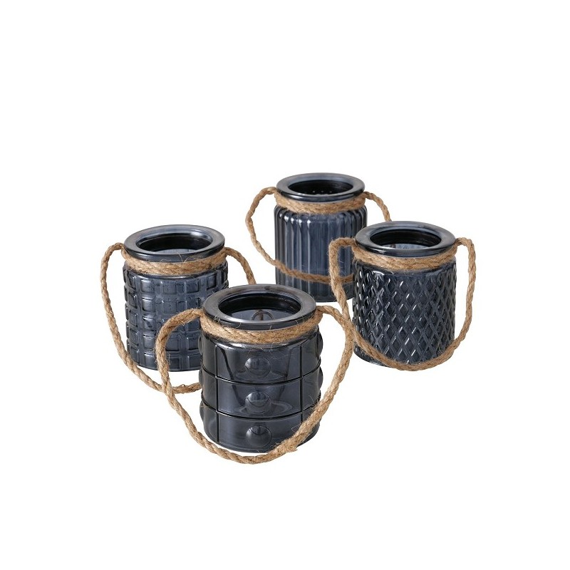 Boltze Home Photophore en verre Trax Anthracite - H8cm - avec poignée en jute - disponible en 4 modèles différents.