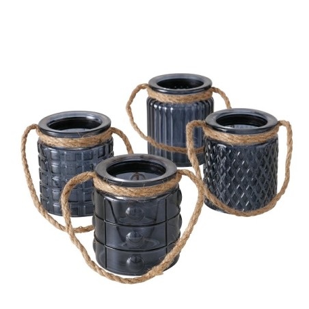 Boltze Home Photophore en verre Trax Anthracite - H8cm - avec poignée en jute - disponible en 4 modèles différents.