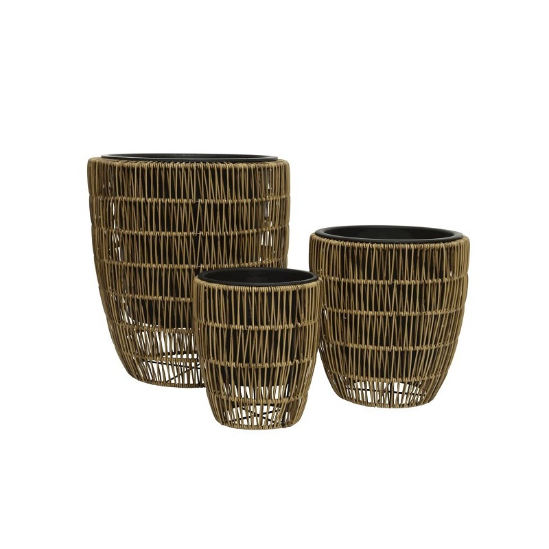 Decoris Kate pot de fleurs en osier lot de 3 pièces -dia38-H42cm- extérieur- coloris marron