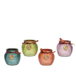 Decoris Photophore en verre nervuré avec ruban et fleur en métal dia11-H10cm disponible en différents coloris