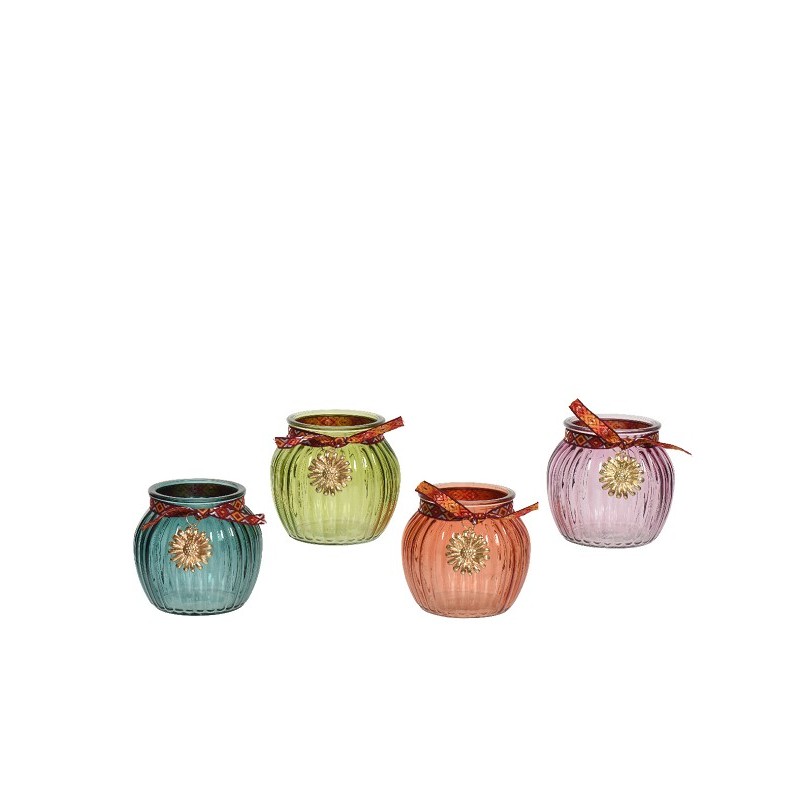Decoris Photophore en verre nervuré avec ruban et fleur en métal dia11-H10cm disponible en différents coloris