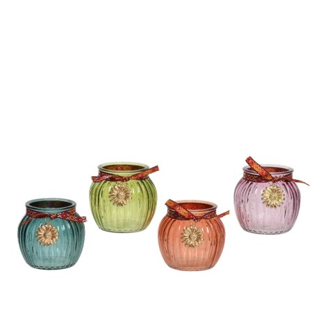 Decoris Photophore en verre nervuré avec ruban et fleur en métal dia11-H10cm disponible en différents coloris