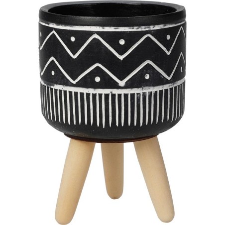 Bloempot aardewerk op houten pootjes 10x15cm zwart