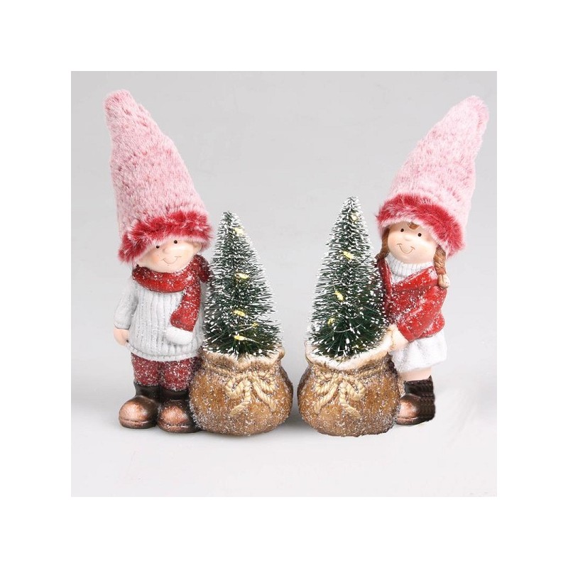 Jongen of meisje met kerstboom LED rood 11.5x6,5x20cm