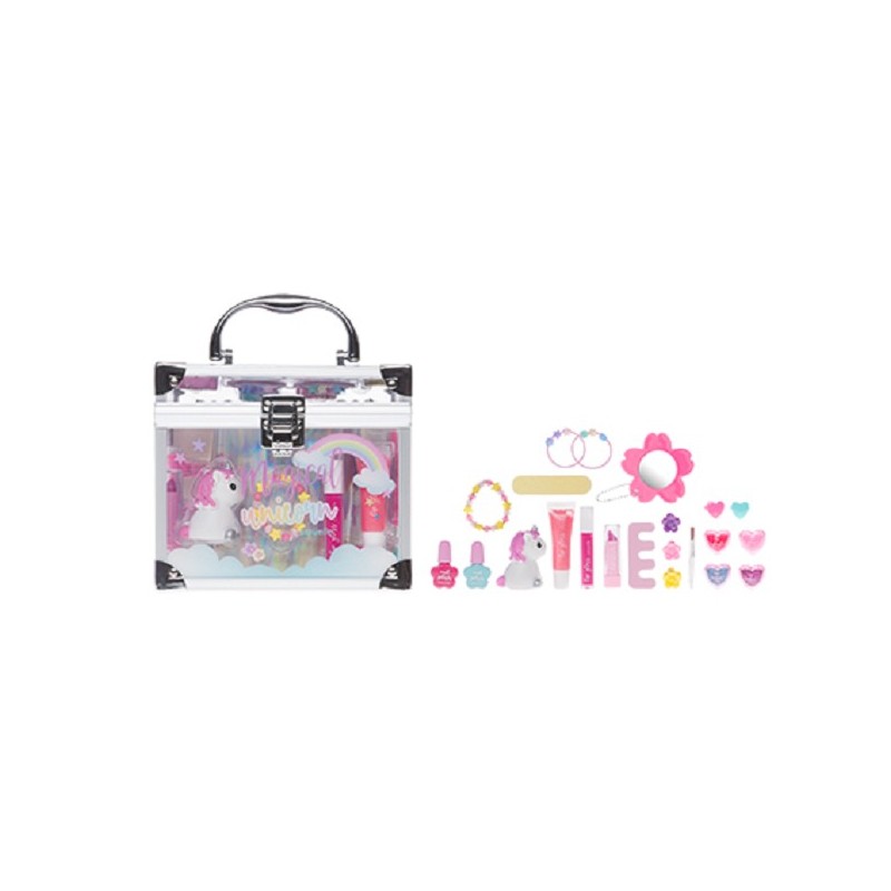 Trousse de maquillage Licorne avec cadre en aluminium et panneaux acryliques transparents avec impression 18x13x16,5cm