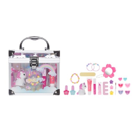 Trousse de maquillage Licorne avec cadre en aluminium et panneaux acryliques transparents avec impression 18x13x16,5cm
