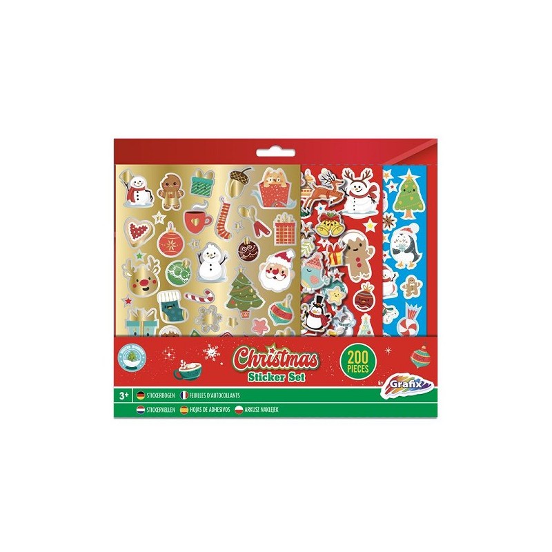 Grafix Lot d'autocollants de Noël 200 pièces, 4 feuilles 27x23 cm