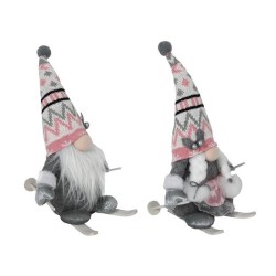 Nain de Noël sur skis, rose/gris 19x15x33cm