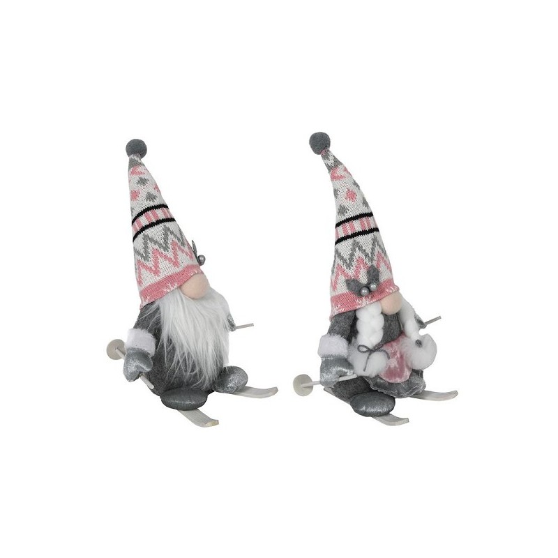 Nain de Noël sur skis, rose/gris 19x15x33cm