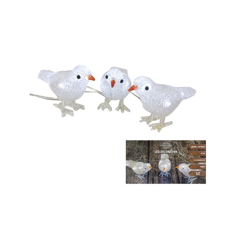 Oiseaux acrylique 15cm x3 warmLED ip44 b/o avec minuterie 3xAA