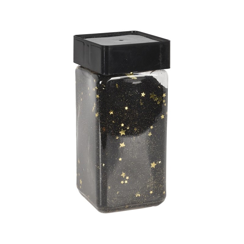 Sable déco en pot de 550 ml noir avec étoiles dorées