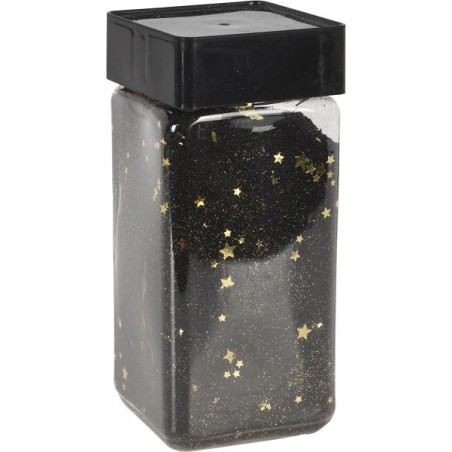 Deco zand in potje 550ml zwart met goudkleurige sterretjes