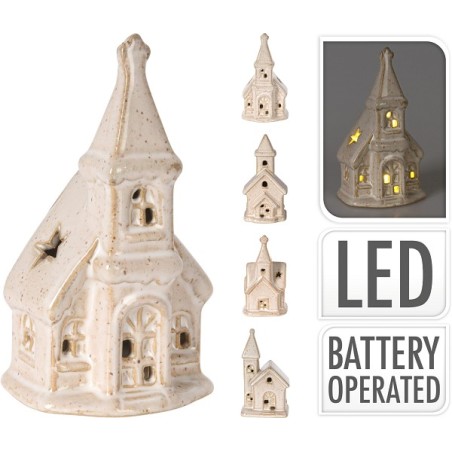 Église en porcelaine avec éclairage LED 11cm blanc